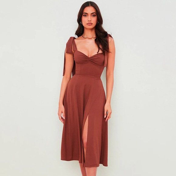 - Red Brown High Quality Dress Mid Slit - Picture 1 of 4